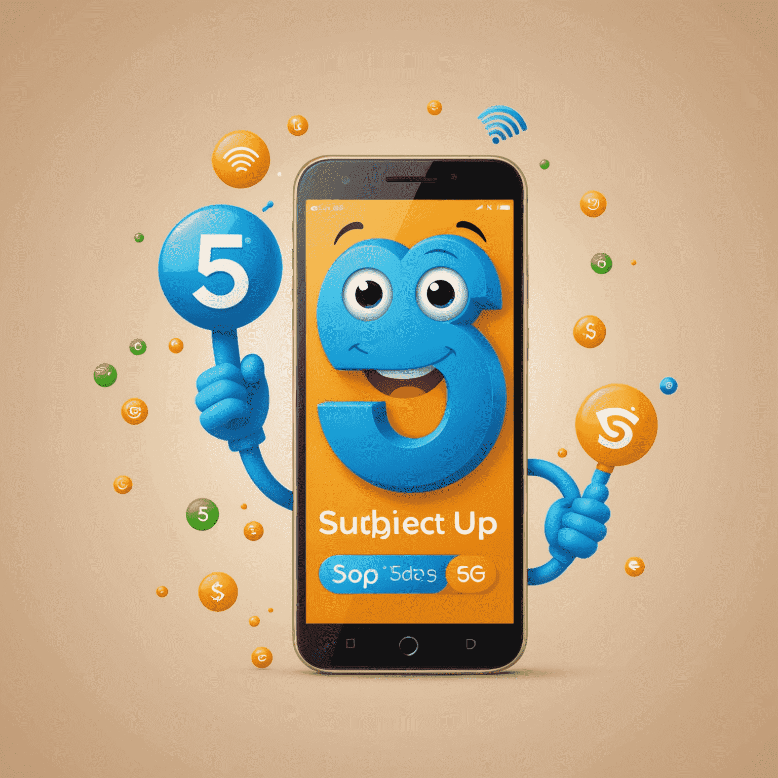 Top Up Mobile & Internet logo featuring a cheerful smartphone character with 5G symbols