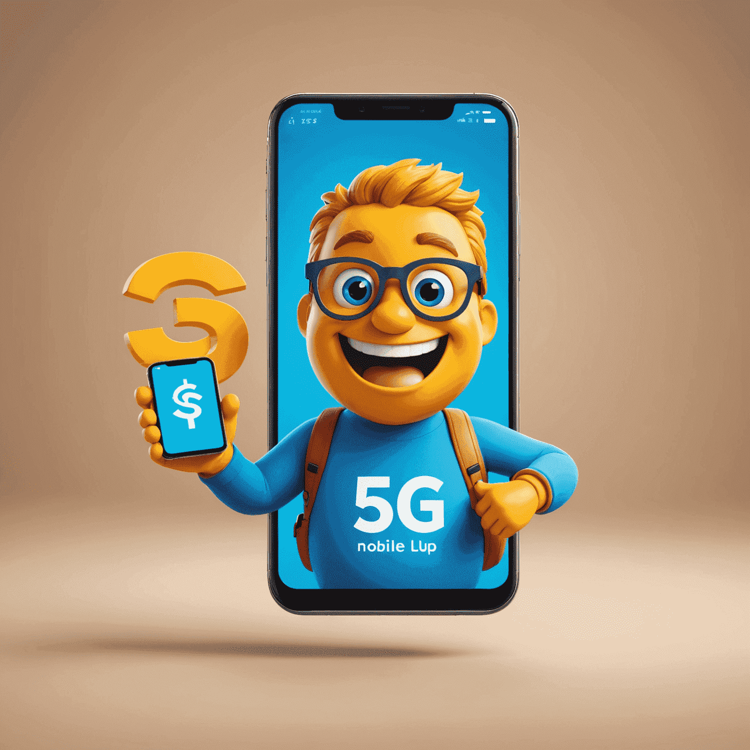 Top Up Mobile & Internet logo featuring a cheerful smartphone character with 5G symbols