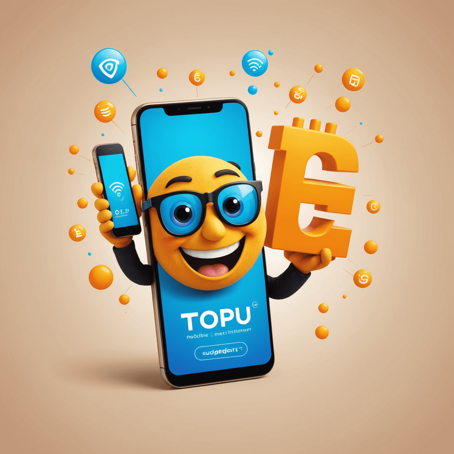 Top Up Mobile & Internet logo featuring a cheerful smartphone character with 5G symbols