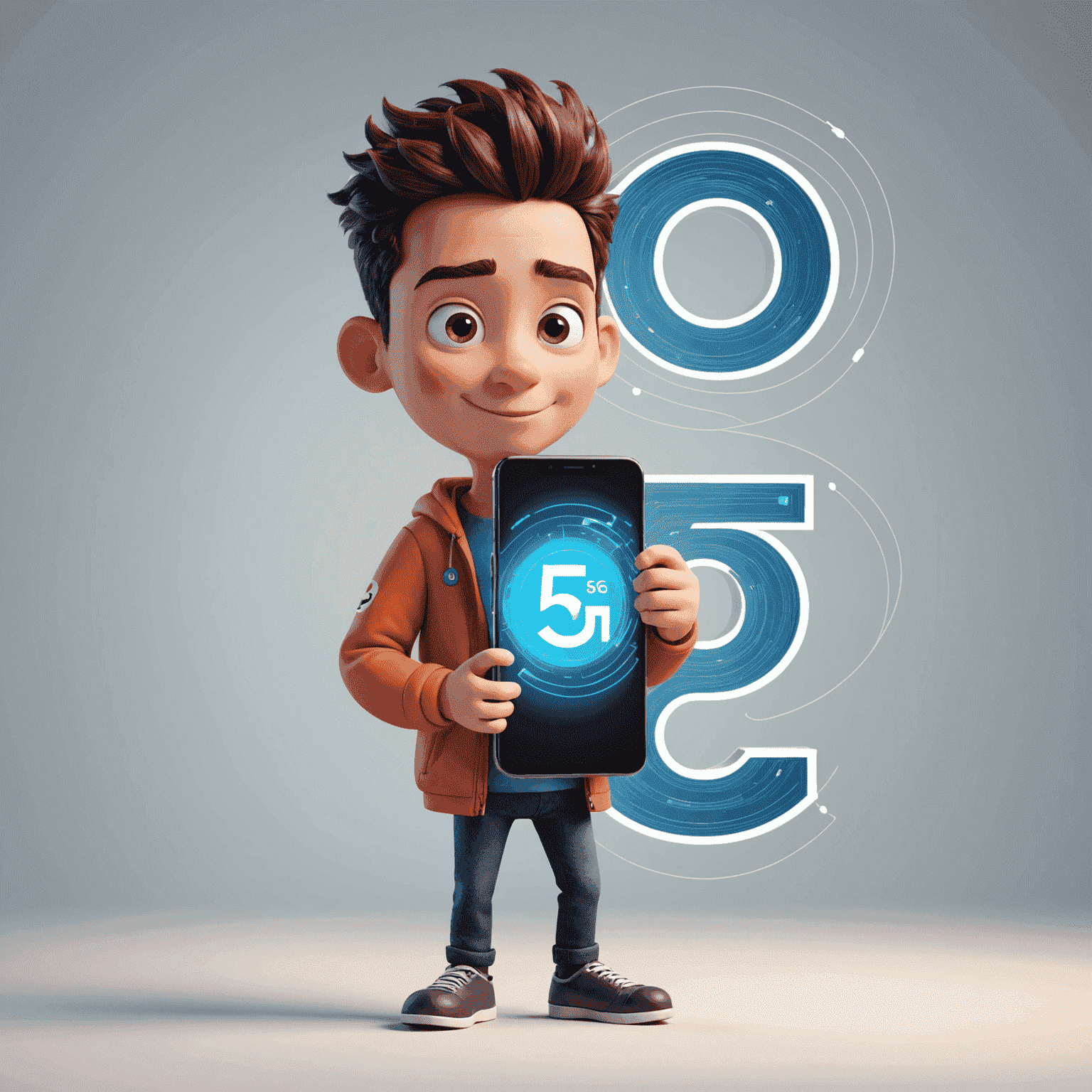 Cartoon character holding a smartphone with 5G symbol, surrounded by speed lines to represent fast connectivity