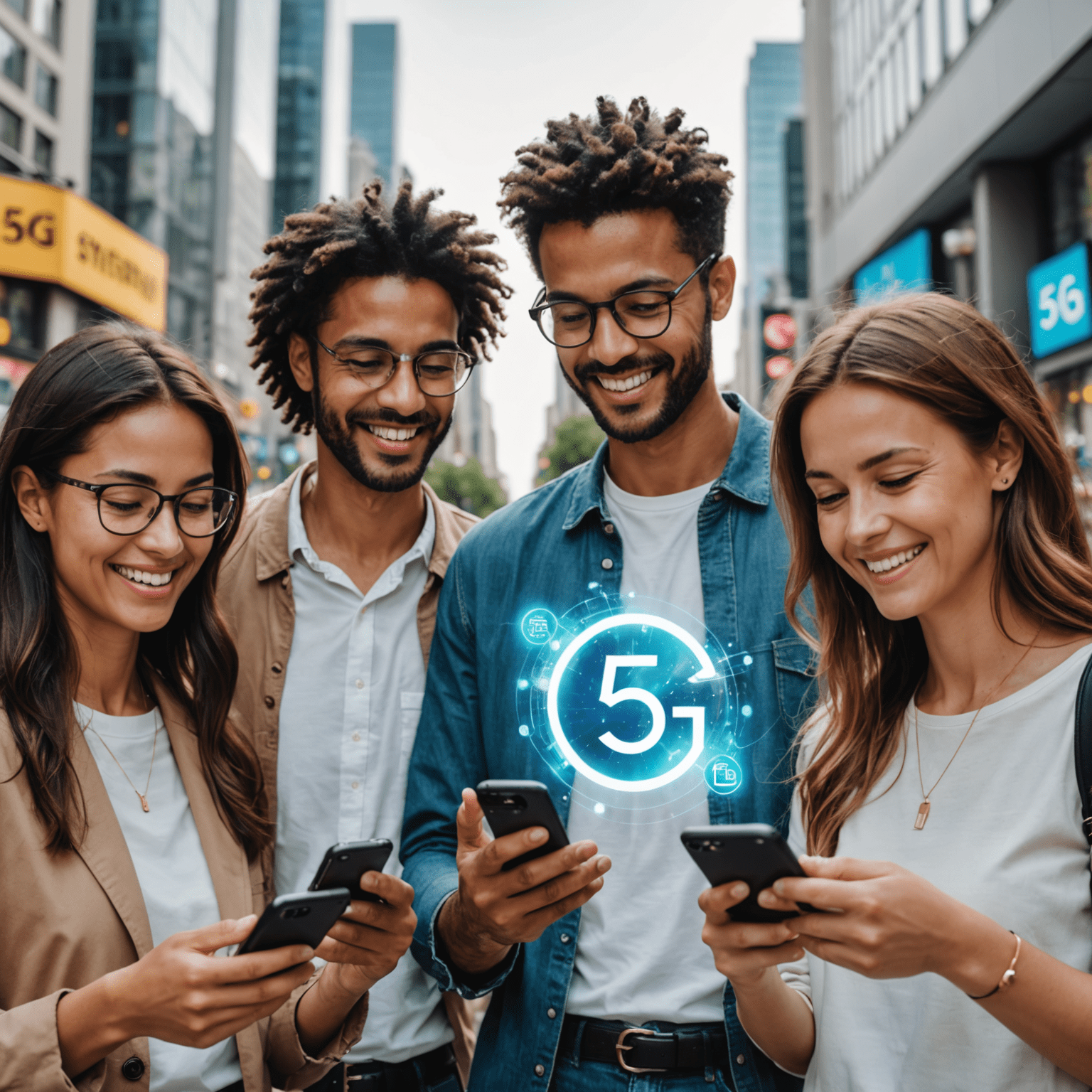 Happy people using smartphones with 5G network visualization, showing fast connectivity and streaming capabilities