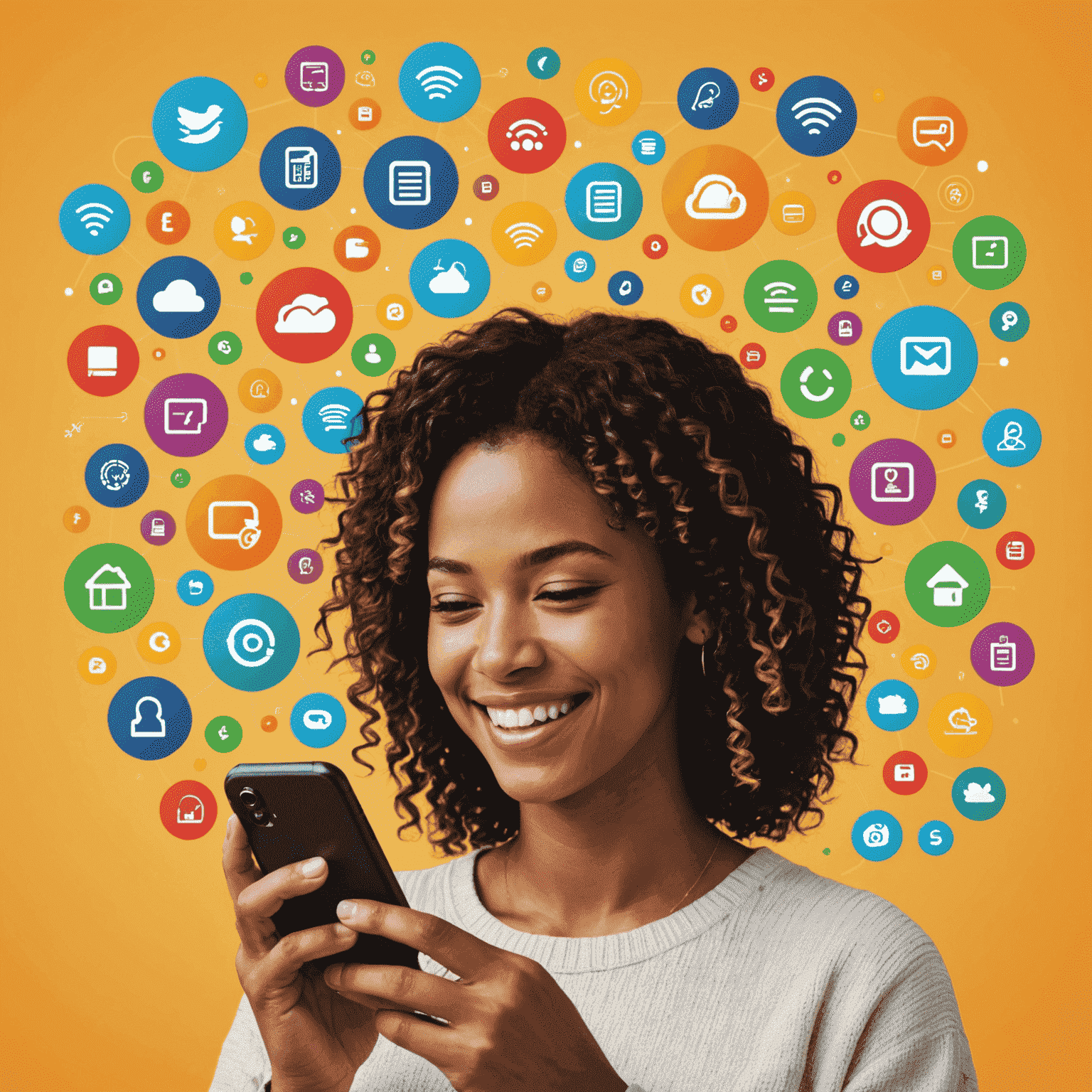 Cheerful person using smartphone to top up mobile plan, surrounded by colorful icons representing different top-up methods