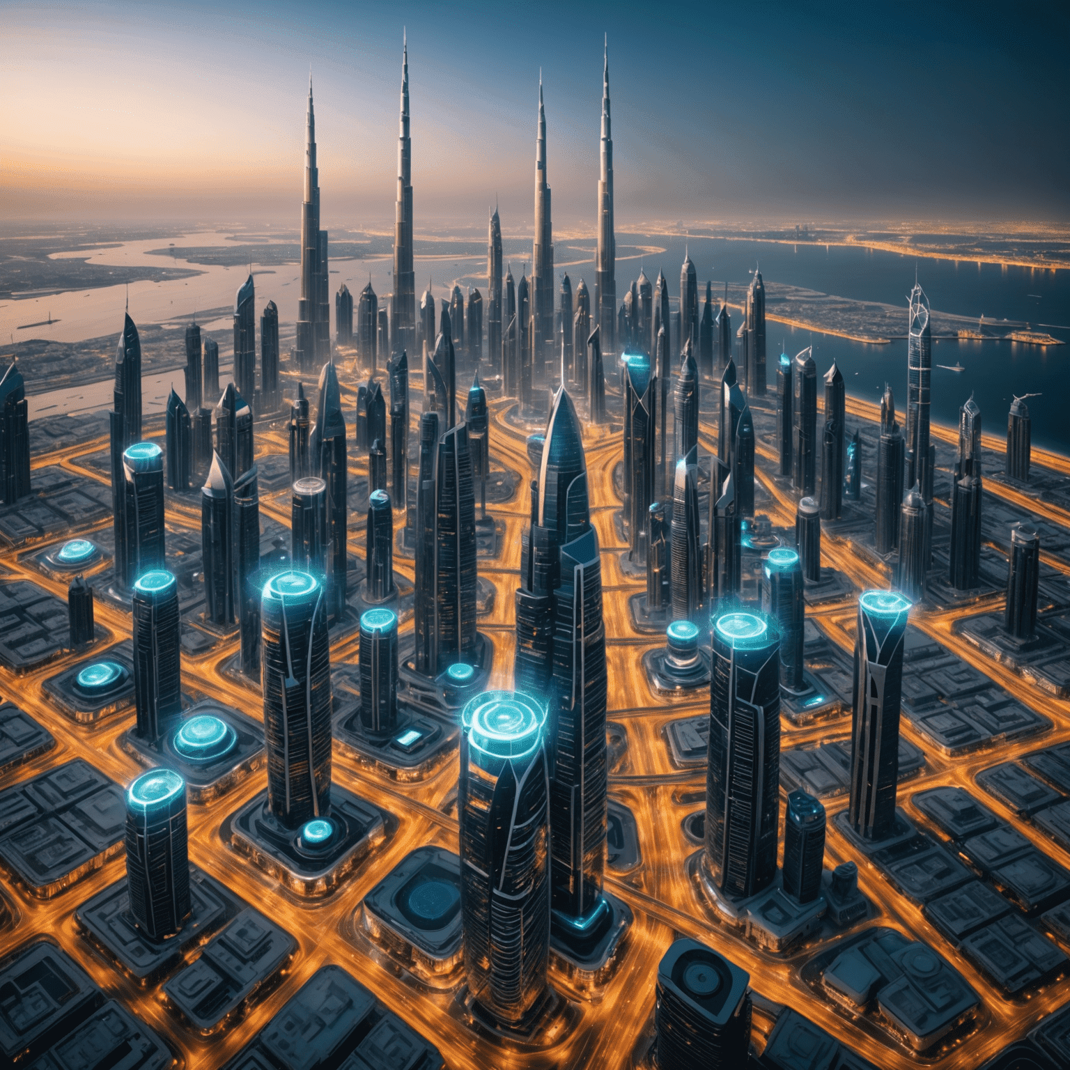 Futuristic cityscape of Dubai with 5G network visualization overlaid, showing interconnected devices and fast data streams