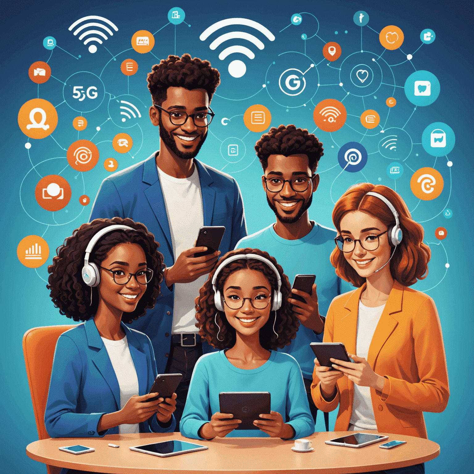 Cartoon illustration of happy people using mobile phones and tablets, surrounded by 5G symbols and speedy connection icons