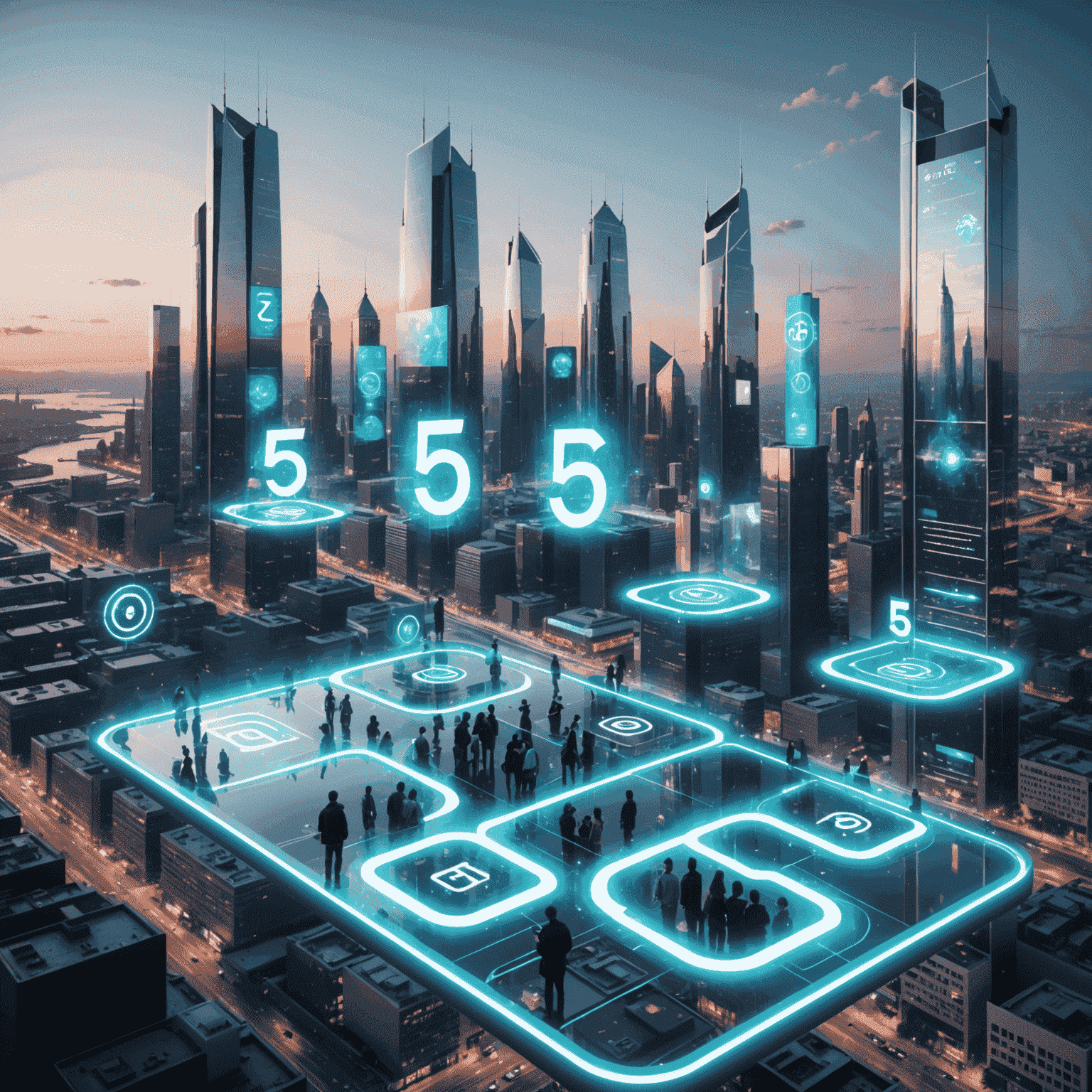 A futuristic cityscape with floating holographic screens showing 5G symbols and people using advanced mobile devices