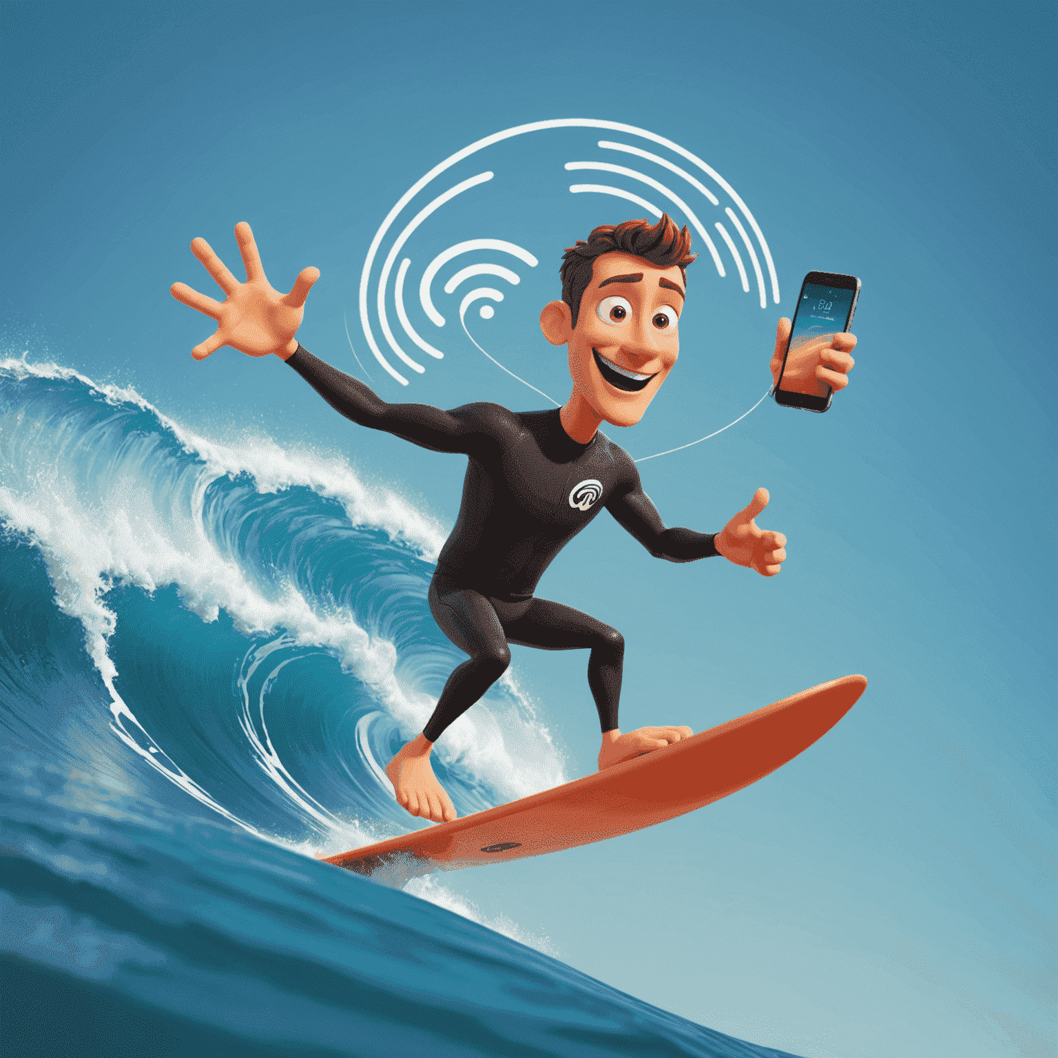 Cartoon character surfing on a wifi wave, representing fast home internet