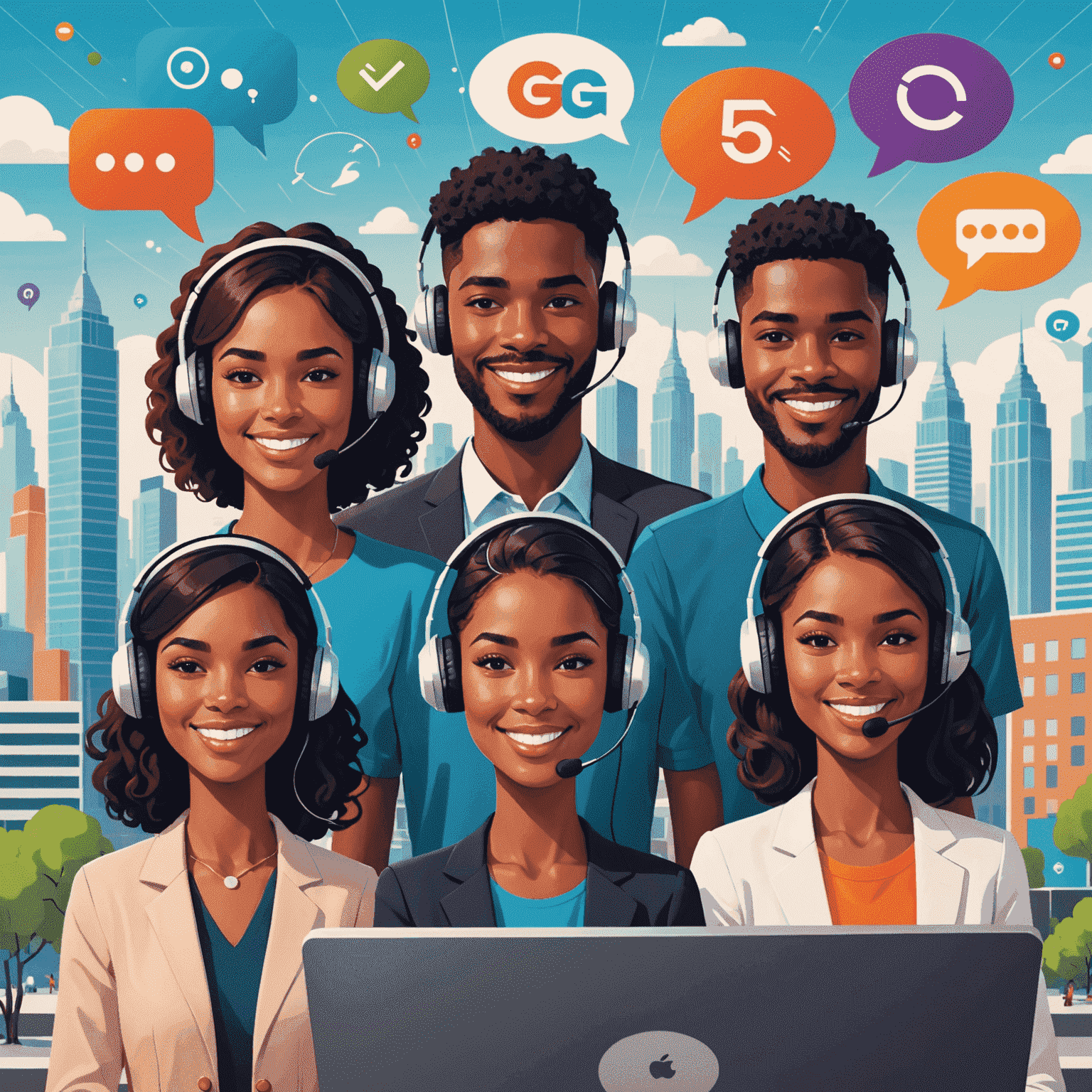 Cheerful customer support team members wearing headsets and smiling, surrounded by speech bubbles containing icons representing different communication channels like phone, email, and chat. The background features a stylized cityscape with 5G towers emitting colorful waves.