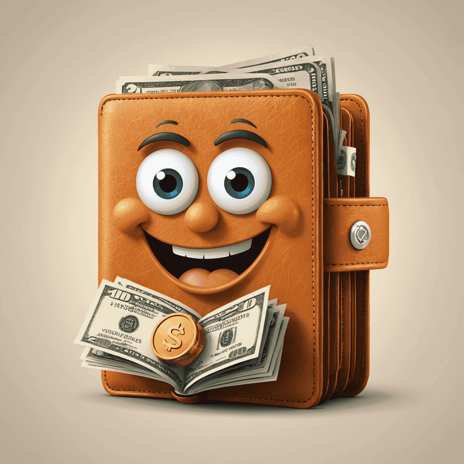 Illustration of a smiling wallet character with coins and bills, representing affordable and flexible plans