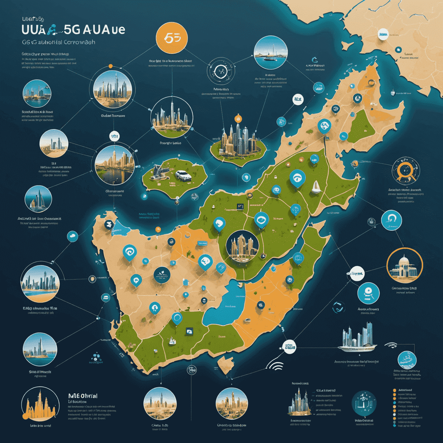 Map of UAE showing 5G coverage areas, with animated icons representing various 5G use cases like smart homes, autonomous vehicles, and IoT devices