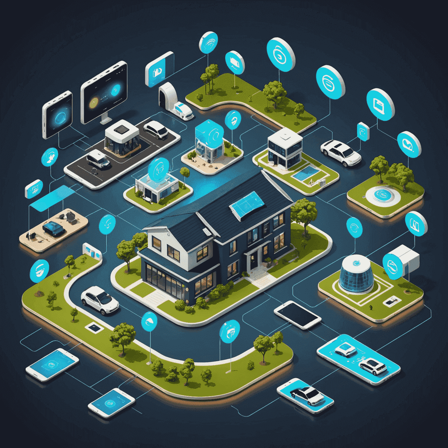 Illustration of various IoT devices connected through 5G network, including smartphones, smart homes, and autonomous vehicles in a UAE setting