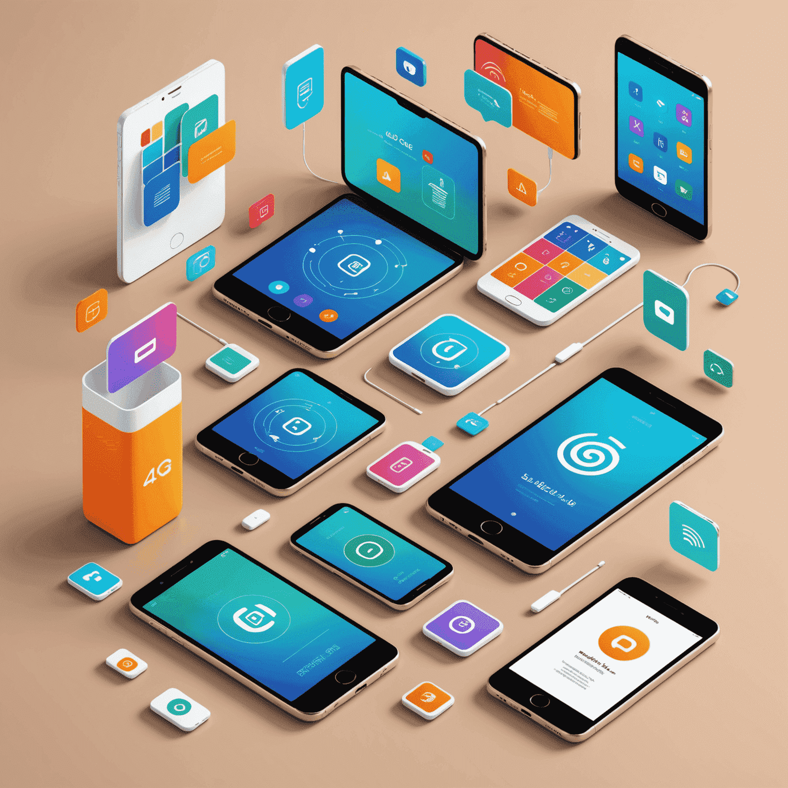 Colorful illustration of various mobile devices with plan options floating around them, representing different 4G and 5G plans available in UAE