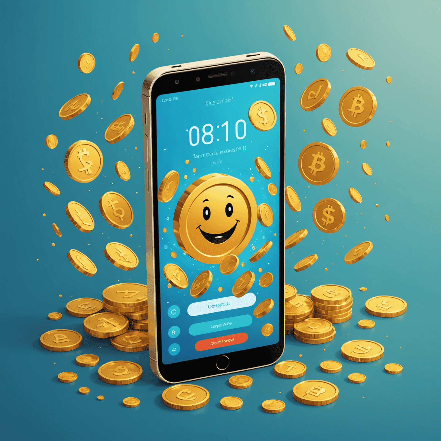 Animated illustration of a smiling mobile phone being quickly filled up with credit, surrounded by floating coins and data symbols