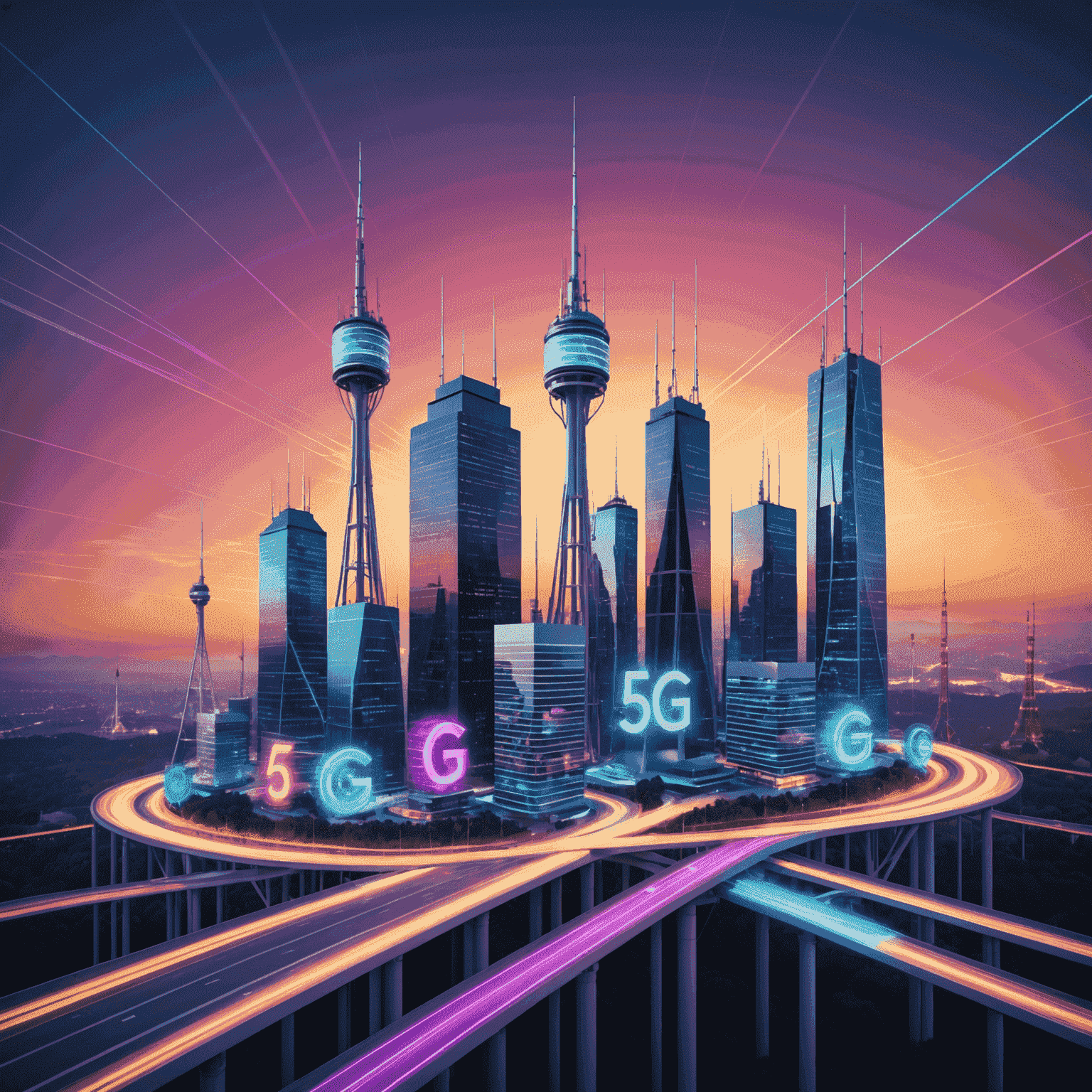 Colorful illustration of 5G towers and mobile devices with speed lines, representing fast connectivity