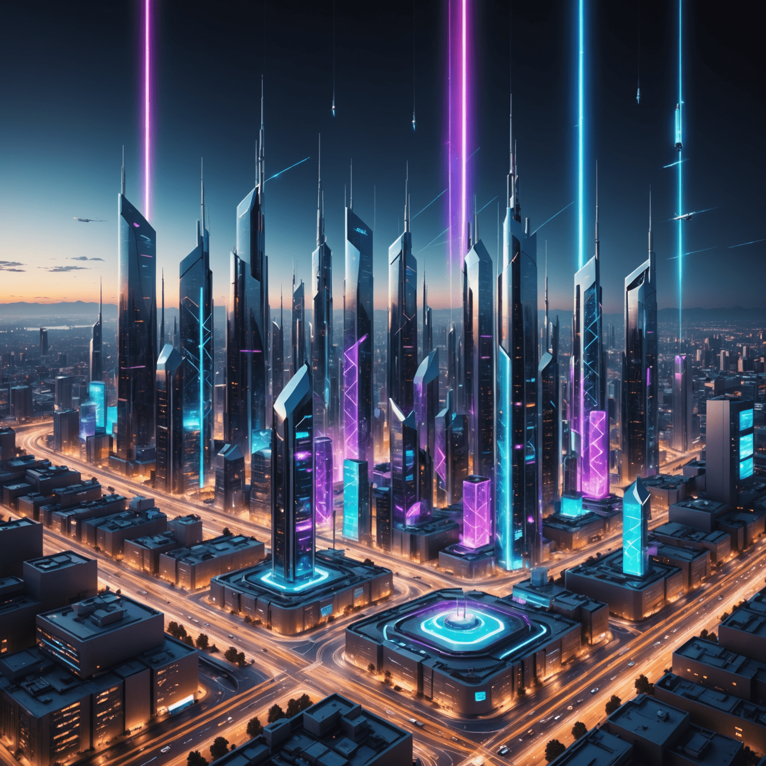 Futuristic cityscape with 5G towers emitting colorful beams connecting to various devices, showcasing ultra-fast speeds