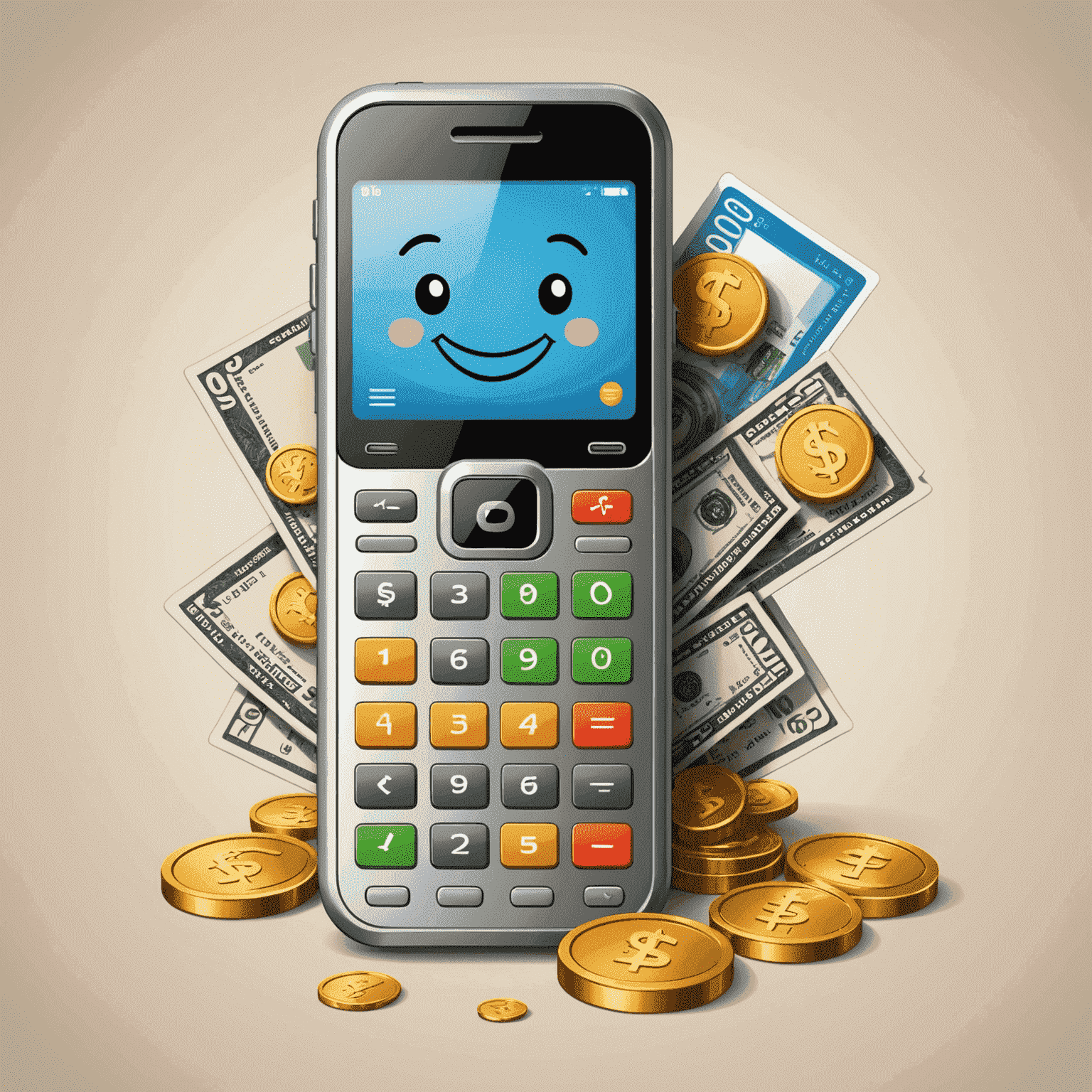 Cartoon-style illustration of a smiling mobile phone with coins and bills, representing easy top-up options