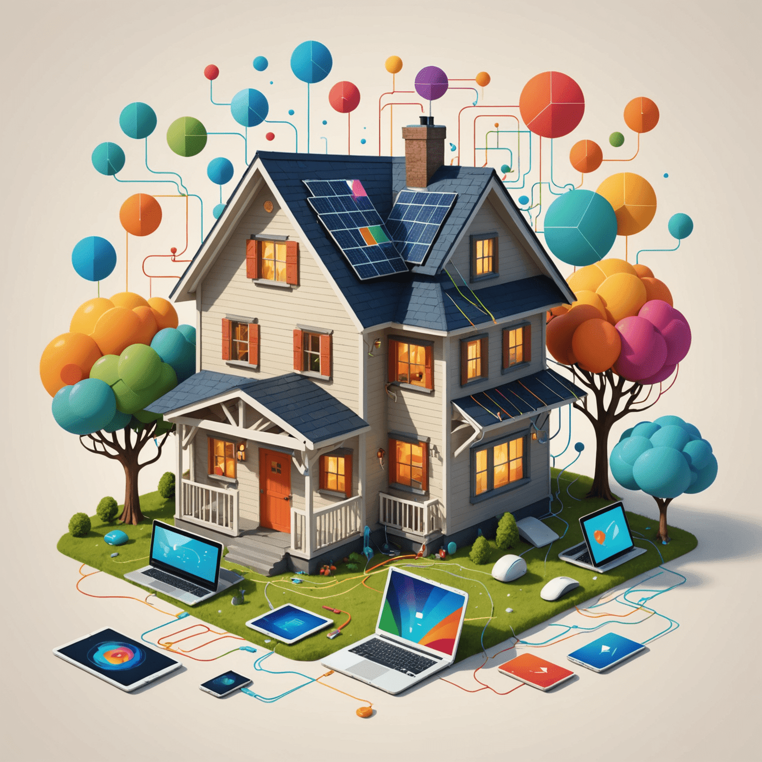 Whimsical illustration of a house with multiple devices connected by colorful data streams, representing various internet packages