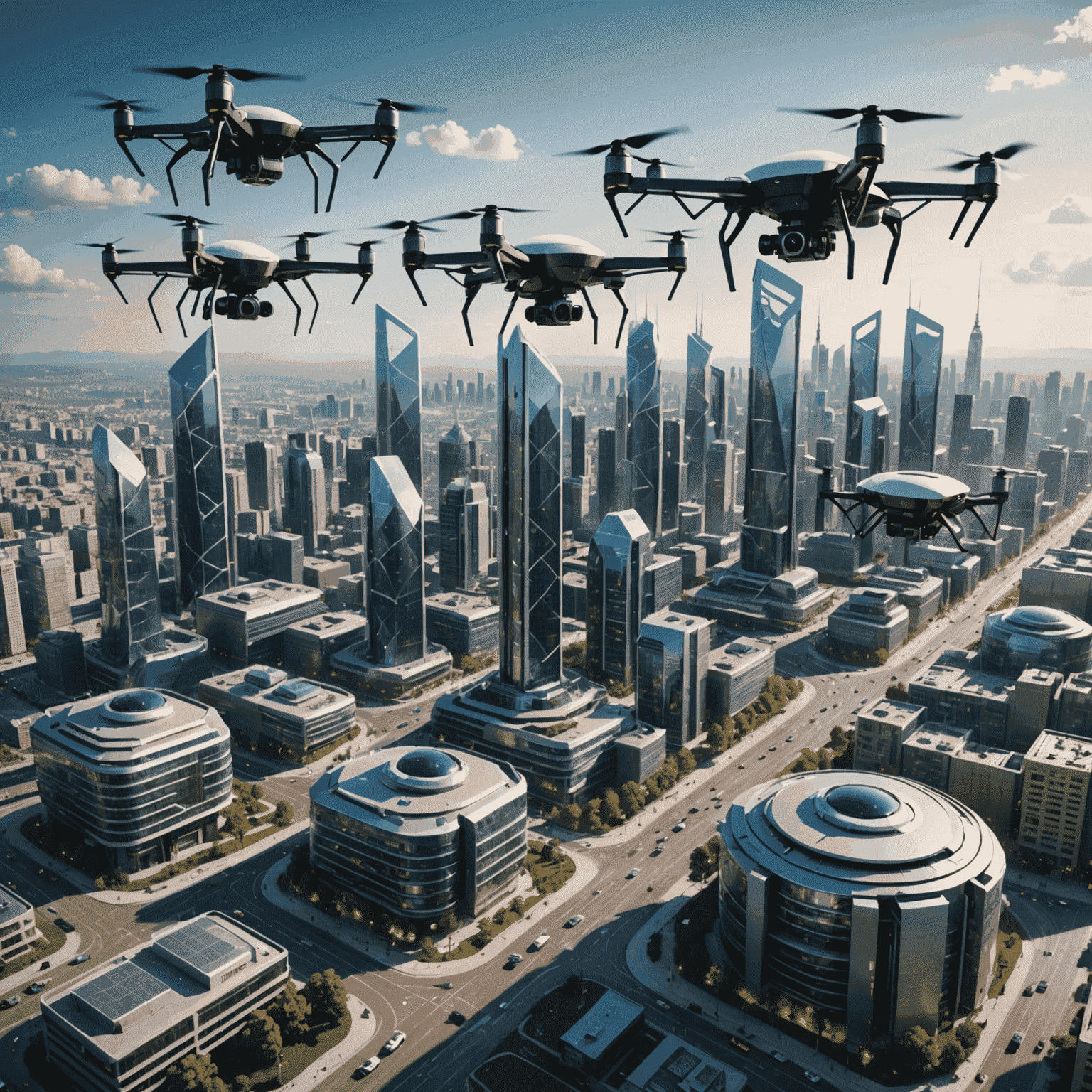 Futuristic cityscape with 5G antennas, flying drones, and connected devices, showcasing advanced technology